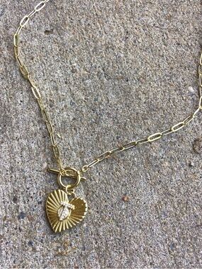 Gold Heart Burst Toggle Necklace with Faux Diamond T Initial